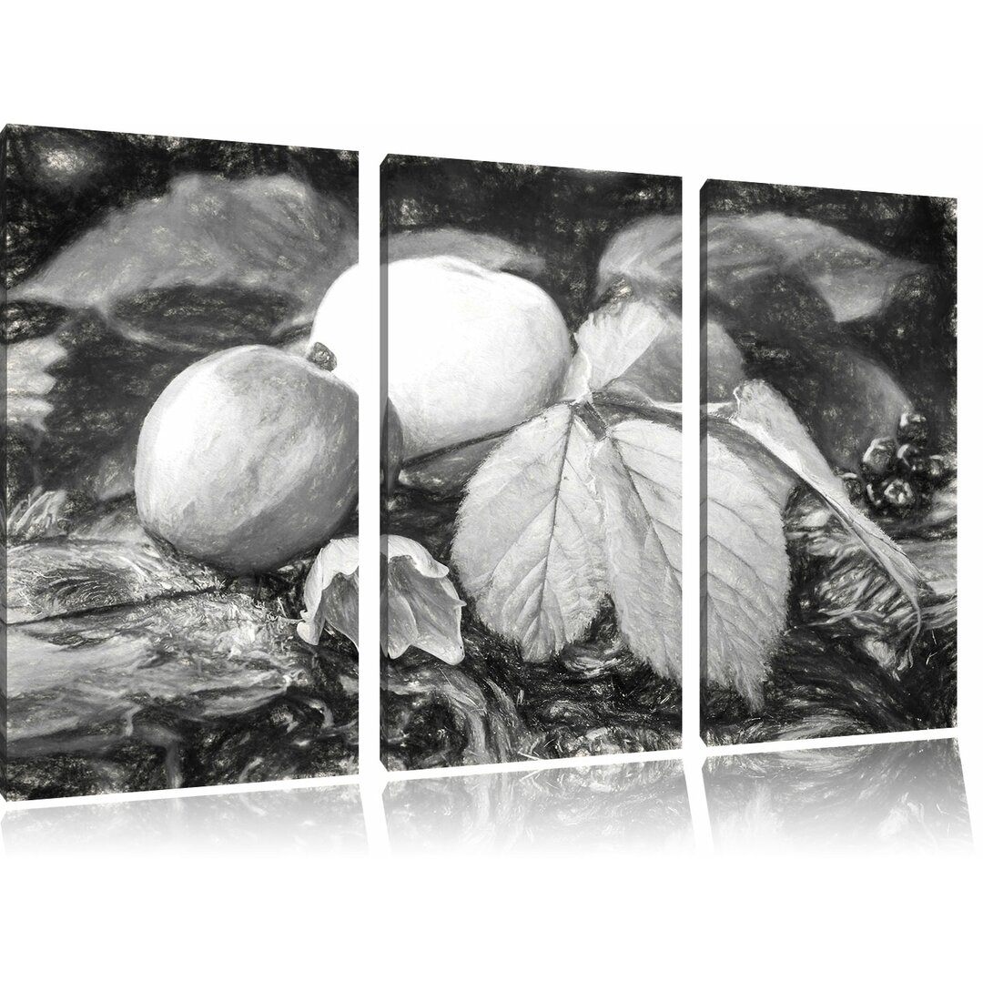 3-tlg. Leinwandbild-Set „Äpfel und Blätter im Herbst“, Kunstdruck