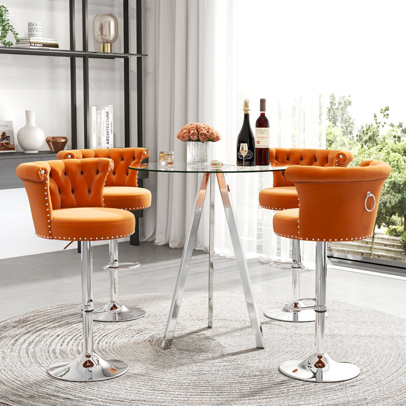 Ensemble de table ronde en verre à hauteur réglable avec tabouret de bar et tabouret de bar, Orange