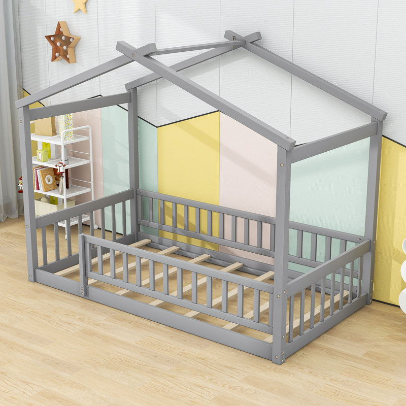 Vonie Wood Daybed with Roof and Slats, Gray, Twin
