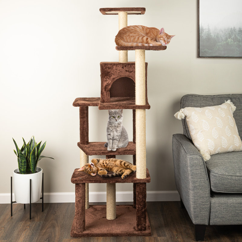 Arbre à chat PETMAKER de 162 cm de hauteur - Tour à chat avec niche pour chaton, perchoirs et 5 poteaux à griffer en corde de jute - Arbre à chat à plusieurs niveaux pour chatons et activités d'escalade