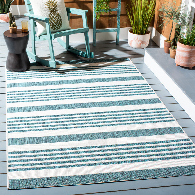 Huson Striped Teal Indoor/Outdoor Area Rug, Rectangle 6'7" x 9'6"