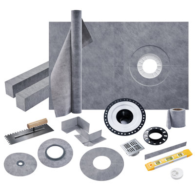 72" x 72" Shower Curb Kit with Tray, ABS Bonding Flange, Waterproof Membrane, Seals, Corners, Trowel & Level – Center OutletCenter Outlet