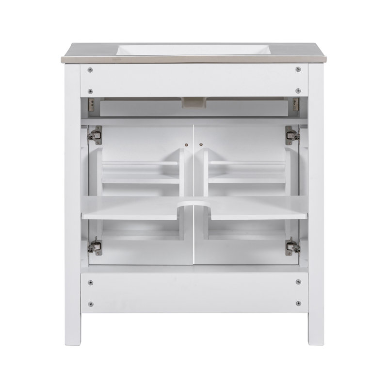 Meuble-lavabo moderne de 30 pouces avec lavabo en céramique et portes à fermeture douce, Argent argent, Blanc