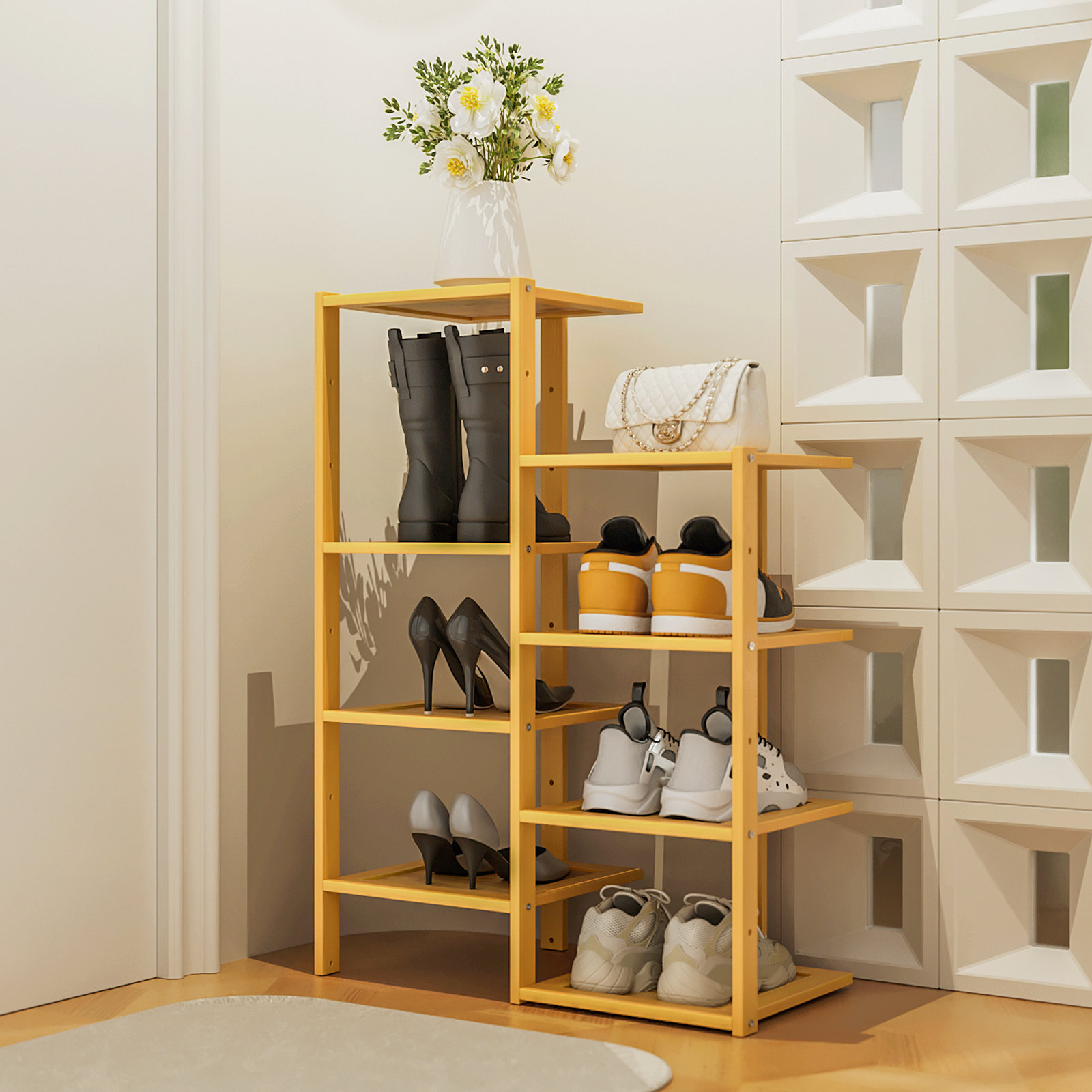 MoNiBloom 8-Tier 8 Pairs Bamboo Corner Shoes Rack, Narrow Shoes Storage ...