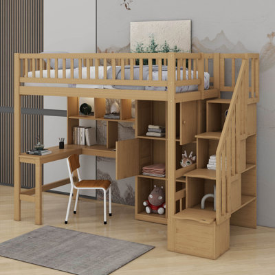 Lit mezzanine simple en bois avec bureau intégré, DEL, tablettes de rangement, armoires et escalier