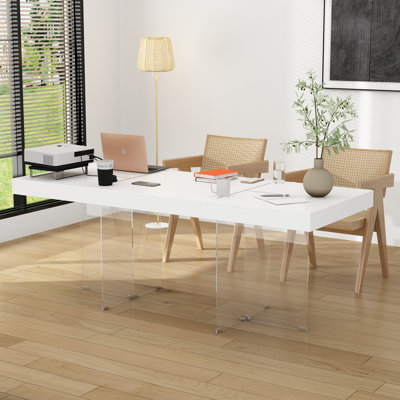 Mkai 78.7” Wide Conference Table With Tempered Glass Legs