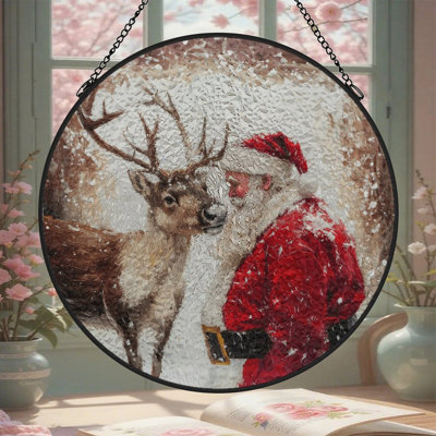 Père Noël rencontre des panneaux de vitrail de renne dans la neige Suncatcher pour décor de fenêtre