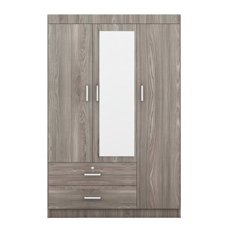 Stylish And Functional Three-Door Wardrobe With Built-In Mirror And Ample Storage, Gray