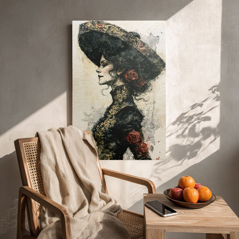 «Figurine de chapeau de Charro mexicain élégant avec roses rouges», art mural tendu sur toile tendue pour Eclectic Studio
