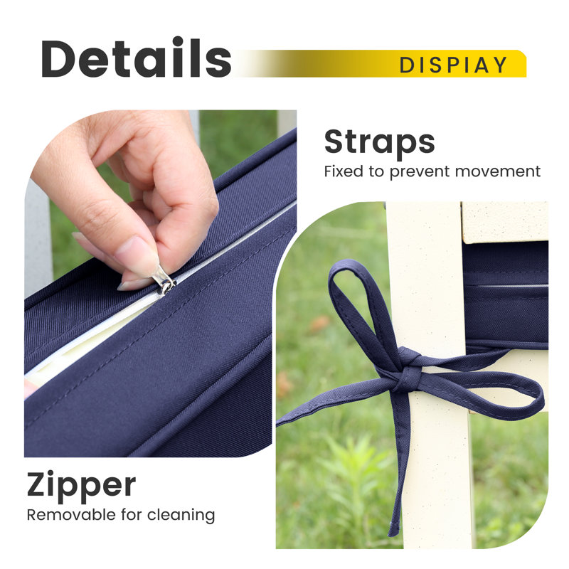 Outdoor Bench Cushion, 48 x 18 x 3 in, with Removable Cover, Waterproof, UV-Resistant, and Non-Slip with Ties,Blue, Navy Blue