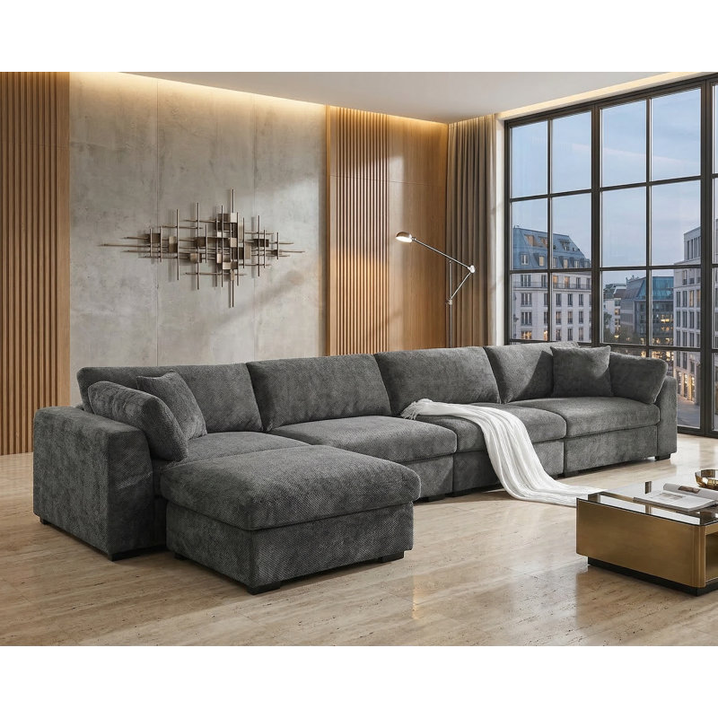 Aariketh Modular Upholstered Sectional with Ottoman, Dark Gray Polyester, 36.3" H x 168.68" W x 36.6" D