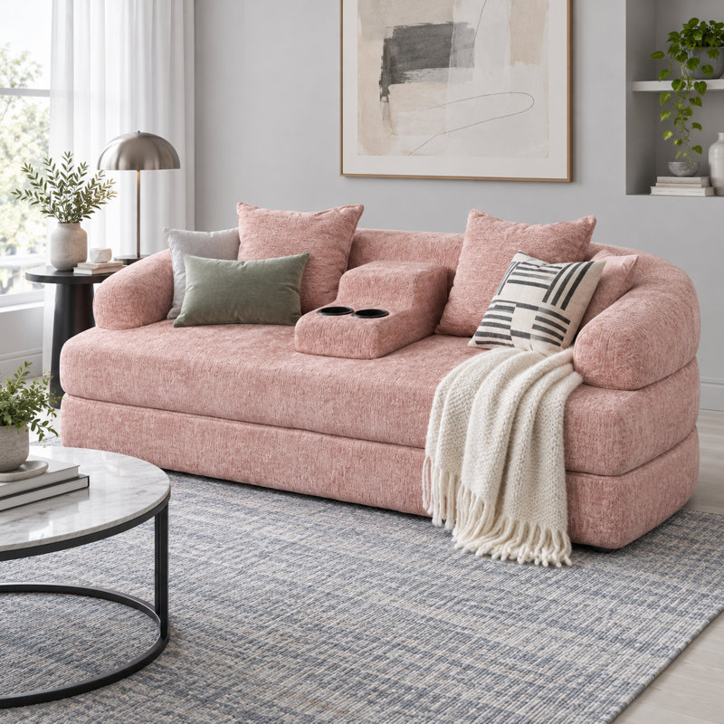 Upholstered 69.3 " Chenille Sofa Reclining, Pink