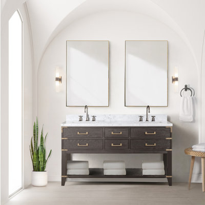Meuble-lavabo double en chêne brun avec porte et porte en marbre 22 po L 60 po x 60 po