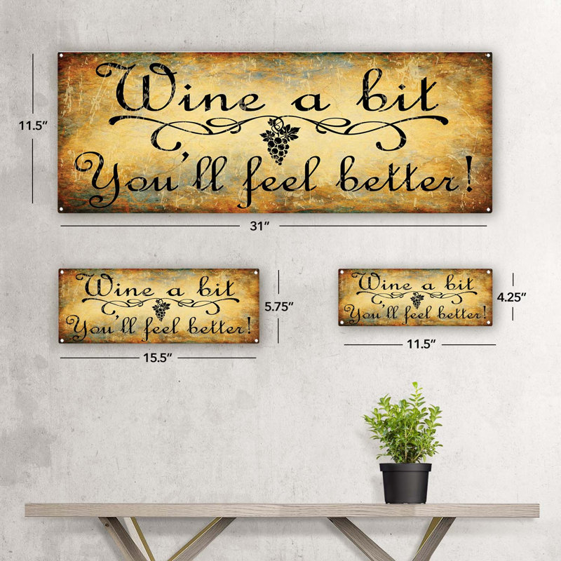«Wine A Bit Metal Sign» sur, H 4,25 po x l 11,5 po