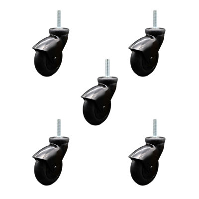 3 Inch Black Hooded Neoprene Rubber 12mm Threaded Stem Casters Set 5 SCC