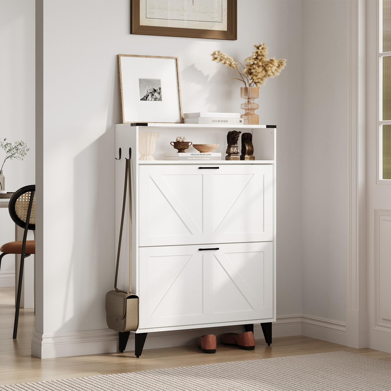 Freestanding Shoe Cabinet with 2 Flip Drawers, Adjustable Shelf and Metal Legs for Entryway Storage, White