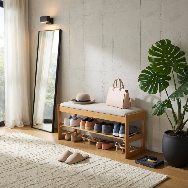 Banc à chaussures à 2 niveaux avec rangement rabattable - Banc d'entrée en bois d'hévéa, siège rembourré et compartiment caché, options beige et brun