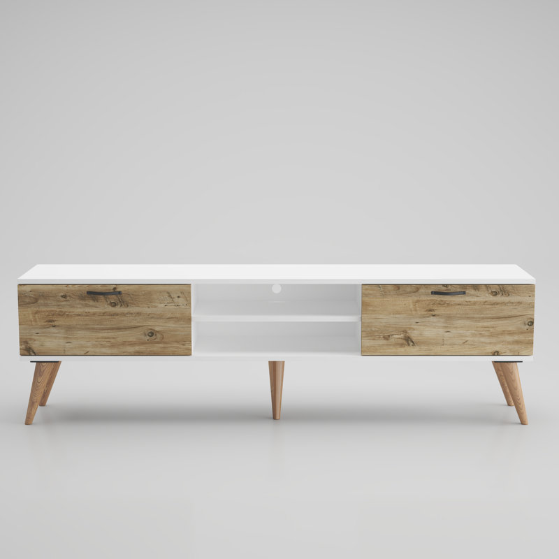 Juback Modern TV Stand for TVs Up to 80", Mid-Century Media Console Table with Storage, Two Tone Oak and White Finish