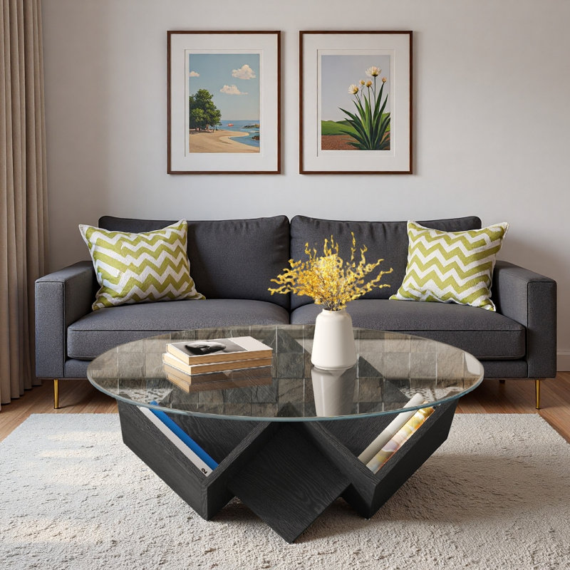 Table basse ronde de 35,4 po avec plateau en verre et tablettes de rangement, Transparent / noir