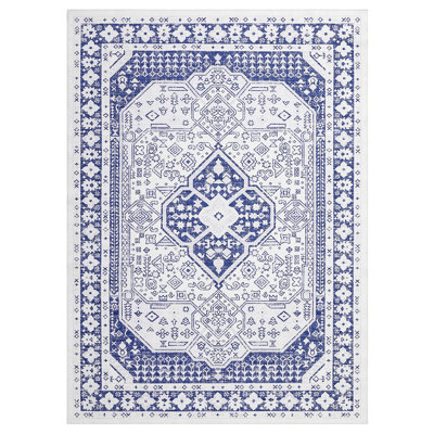 Tapis rétro lavable à la machine - Tapis doux antidérapant à poils courts, résistant aux marques, imperméable, idéal pour le salon, la chambre à coucher, la salle à manger - décor moderne - teinte bleue, 8 x 10 pi, É.-U.
