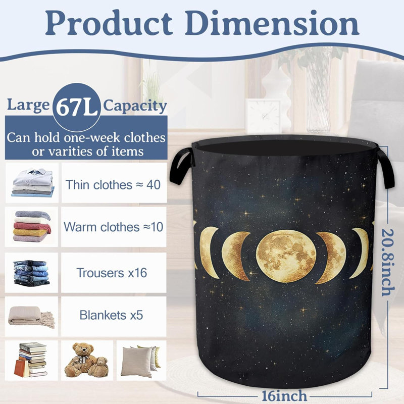 Panier à linge Lunar Phases, panier à linge pliable en tissu Oxford avec poignées, sac fourre-tout, seau de rangement pour vêtements / salle de bain / chambre à coucher / dortoirs