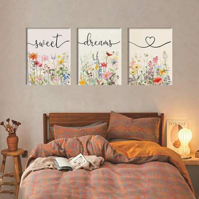 Encadré de chambre à coucher, ensemble d'art mural sur toile, ensemble de 3 photos de fleurs sauvages de la ferme, rêves colorés, impression murale pour dessus de lit