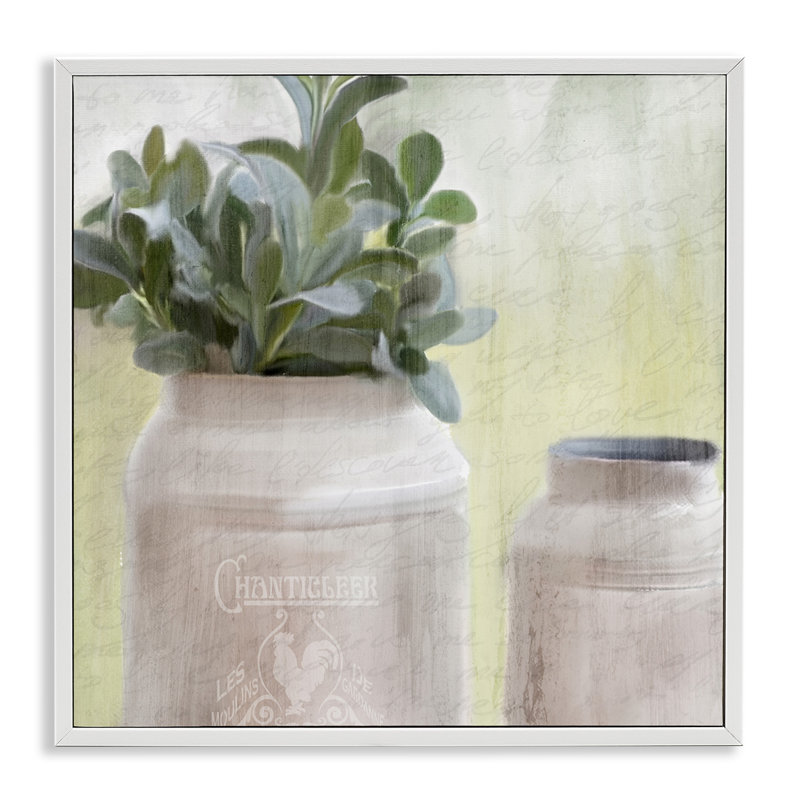 «Farmhouse Mill Can Fills with Greenery» par Kimberly Allen, peinture, H 17 po x l 17 po, Giclée encadrée blanc bord de mer