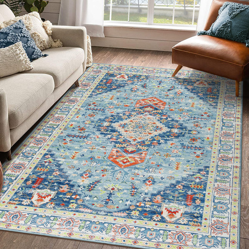 Tapis bleu oriental en polyester tissé à la machine intérieur / extérieur, Rectangle 8 pi x 10 pi