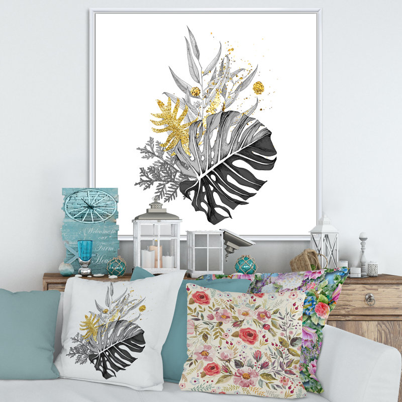 Bouquet avec feuilles tropicales monochromes et dorées - Impression sur toile, H 16 po x l 16 po x P 1 po, Cadre blanc
