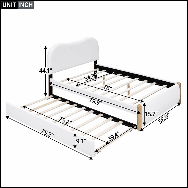 Lit plateforme tapissier avec pieds de soutien en bois et lit gigogne, durable et peu encombrant pour les chambres à coucher modernes.
