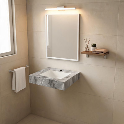 Comptoir en pierre frittée gris clair de 61 cm (24 po) et lavabo encastré en céramique avec un trou pré-percé pour robinet standard