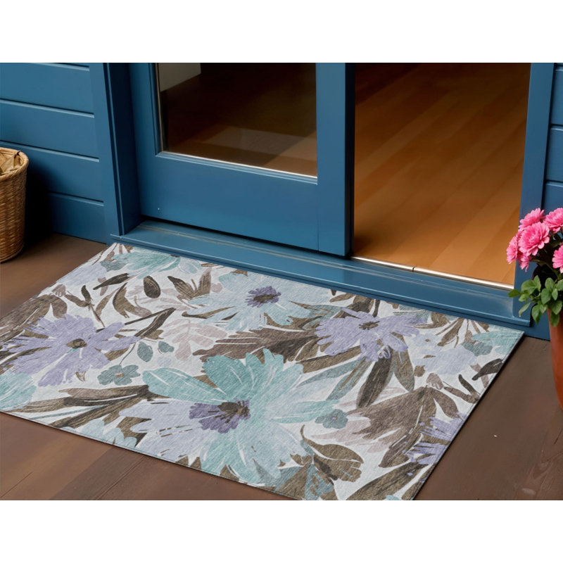Tapis extérieur lavable floral taupe et lilas 3 pi x 5 pi