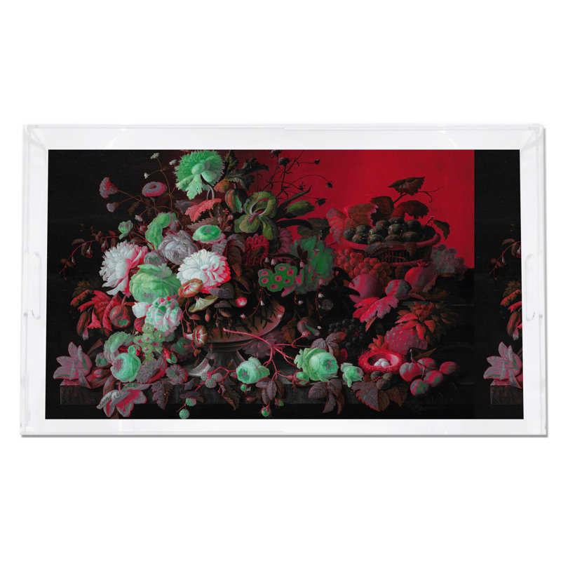 Bird Nest Floral Acrylic Rectangle Decorative Tray, 17"W x 10.5"D x 2"H, Red Green