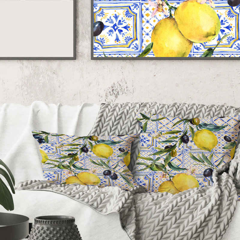Rectangle, ornement citron sur motif géométrique bleu III - coussin décoratif imprimé tropical