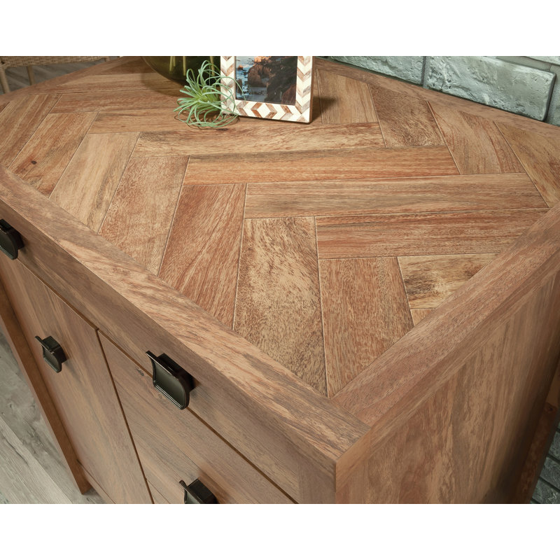 Small Brown Wood Credenza with Drawers and Keyboard Tray