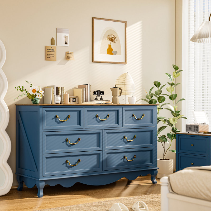 Commode à 7 tiroirs de 54 po de large avec commode de chambre anti-basculement, Marine