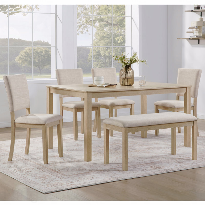 Ensemble de salle à manger 6 pièces: table rectangulaire en bois de chêne clair et beige, 4 chaises rembourrées et banc
