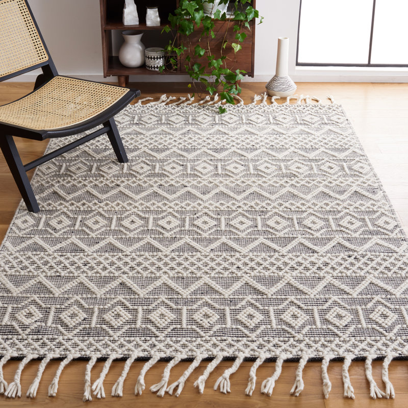 Tapis en laine / coton tissé à la main Natura en ivoire / noir, Rectangle 4 pi x 6 pi