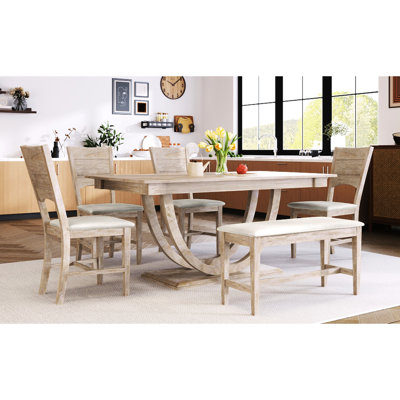 Modern 6 Solid Wood Dining , Rectangular Table, Padded Chairs And Bench, Half Round Legs Arched Backrests