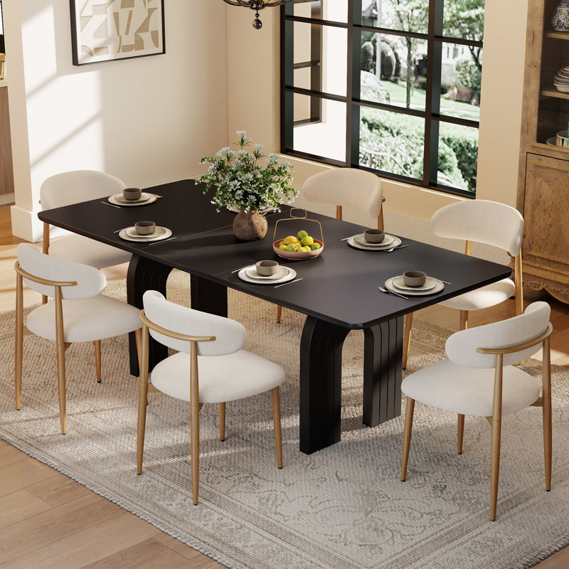 Ensemble de salle à manger rectangulaire de style milieu du siècle, table en MDF divisée en 3 parties avec pieds arqués cannelés et chaises de salle à manger en lin