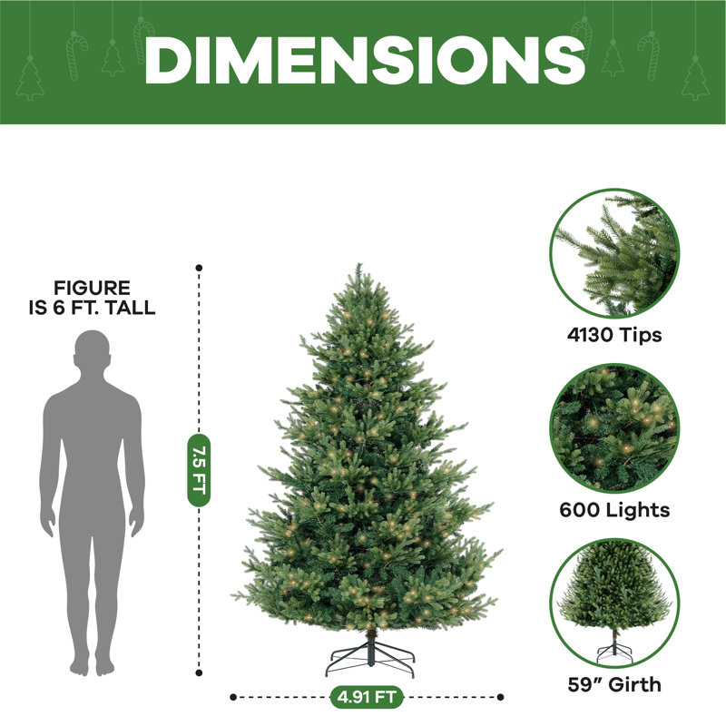 Traditional Christmas Tree with Lights, Prelit with Metal Stand, 7.5 ft