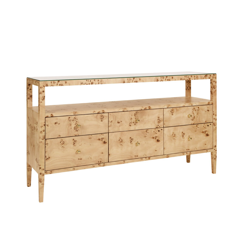 Six Drawer Console With Open Shelf In Burl Wood With Polished Brass Knobs, Burl Wood