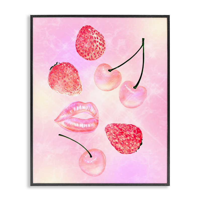 Giclée encadrée de fruits roses et bisous, design par Ziwei Li, H 14 po x l 11 po, Giclée encadrée noir minuit