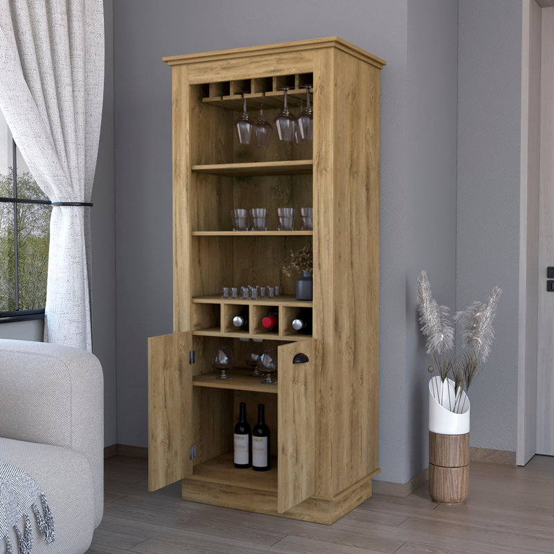 Bar Cabinet: 4 Wine Rack Slots, Shelf & Glass Holder 4-Built In Cabinet In Chic Finish, Brown