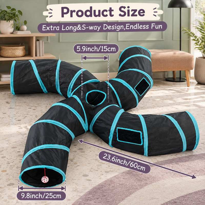 Les grands chats d'intérieur, les chatons, les chatons et les lapins peuvent explorer ce tunnel labyrinthe noir à 4 voies, amélioré avec un tube-maison labyrinthe pliable et 5 fenêtres à cache-cache pour un jeu interactif.