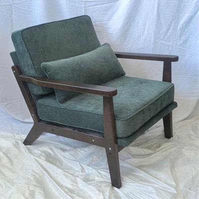 Chaise longue simple de style Mid-Century, chaise de salon avec coussin lombaire et accoudoirs droits en bois, chaise d'appoint pour salon, chambre à coucher, intérieur