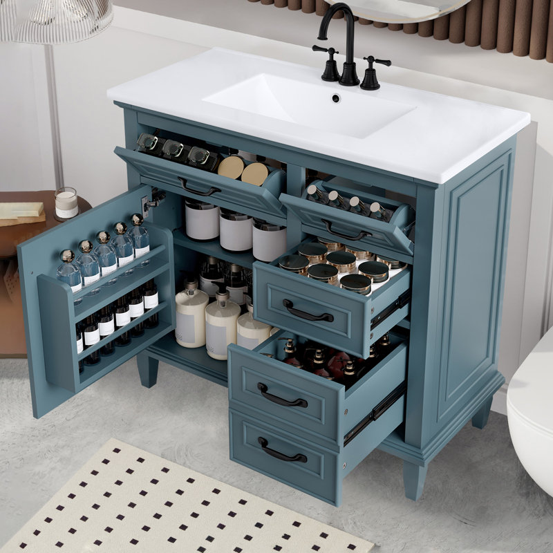 36" Bathroom Vanity Storage Cabinet With Ceramic Sink Top, Blue/Black