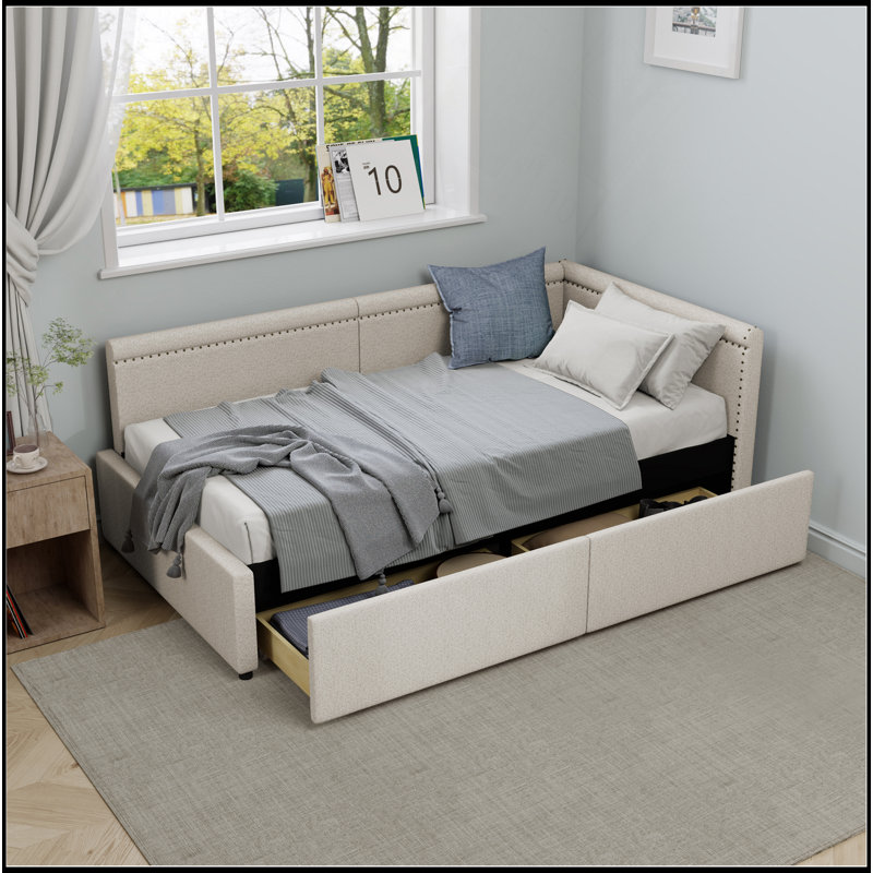 Modern Style Twin Size L Shape Corner Bed, Linen Upholstered  Daybed  With Two Storage Drawers, Beige