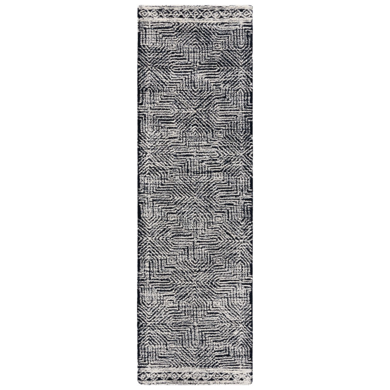 Friedi Tufted Wool/Pet Yarn Geometric Rug in Ivory/Black, Runner 2'3" x 8'
