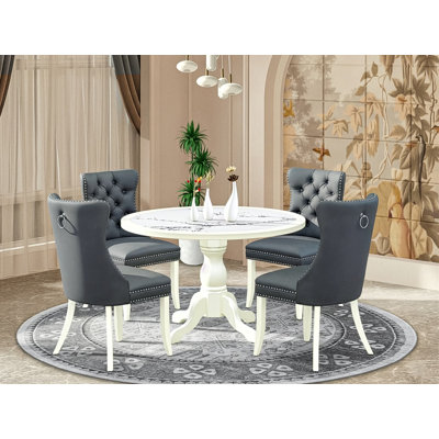 5-Pc Mid Century Dining Set Include a Table with Veined Marble Pattern Tabletop and 4 Platinum Gray Polyester Fabric Chairs, Linen white
